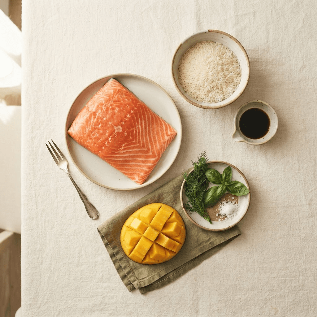 Fresh salmon, rice, and mango — the raw ingredients behind a Builder-generated meal