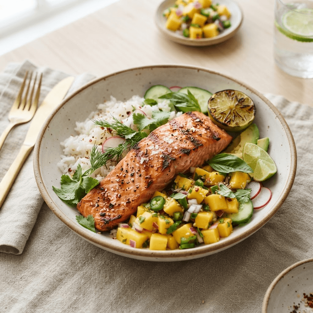 Grilled Salmon, Rice & Mango Bowl